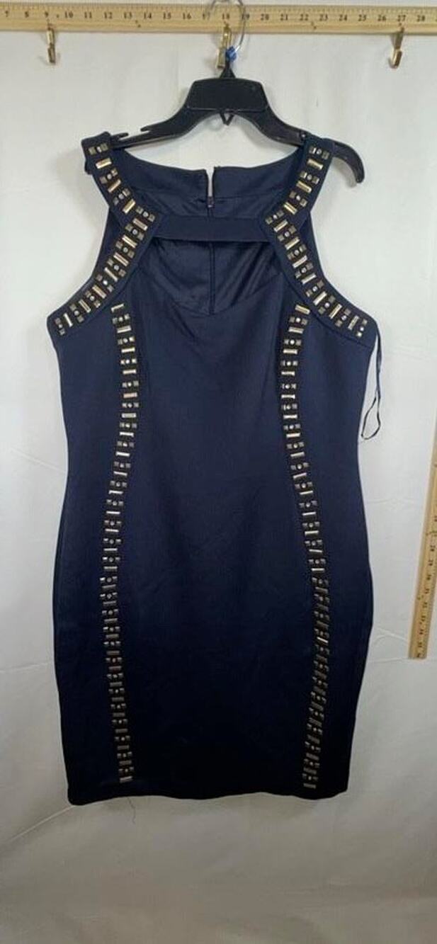 Sangria Sheath Dress Womens Size 16 Navy Blue Gold Studded Rhinestone Sleeveless
